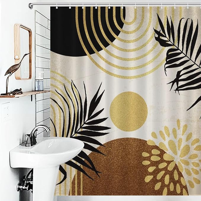 Boho Mid Century Shower Curtain Abstract Golden Dots Leaves Modern Geometric Minimalist Aesthetic Washable Waterproof Fabric for Bathroom Decor Bathtub with 12 Hooks 55x72in（140x183cm）