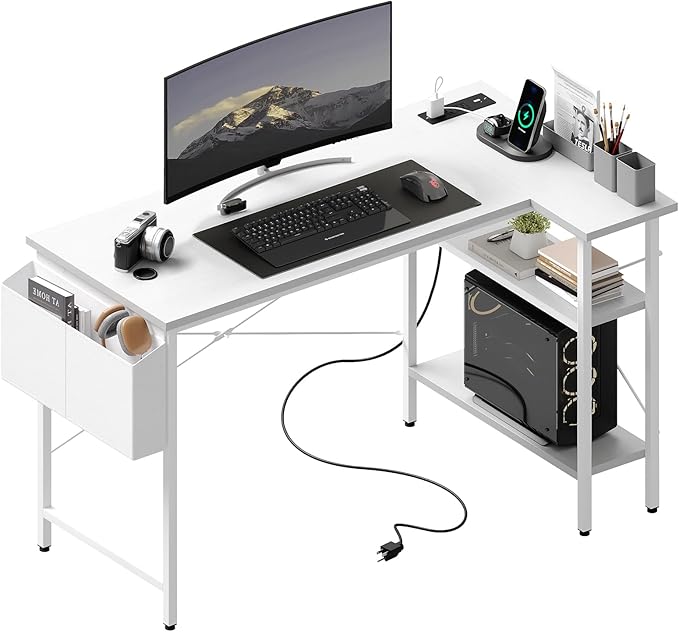 DUMOS 39" Corner Gaming Desk, L Shaped Computer Desk with 3AC+2USB+1Type-C Power Strip, Storage Shelves & Side Hanging Fabric Organizer, White Gaming Workstation for Home Office and Bedroom