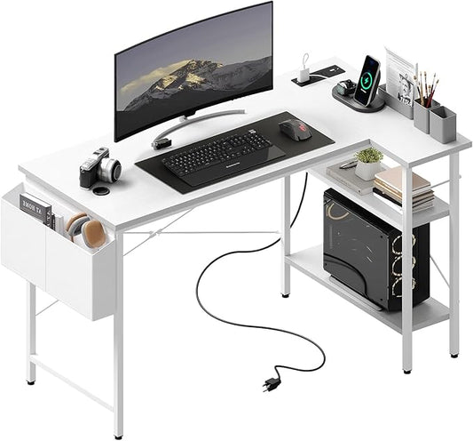 DUMOS 39" Corner Gaming Desk, L Shaped Computer Desk with 3AC+2USB+1Type-C Power Strip, Storage Shelves & Side Hanging Fabric Organizer, White Gaming Workstation for Home Office and Bedroom