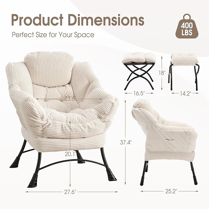 Lazy Chair with Ottoman, Comfy Lounge Chair for Reading, Relaxing, and Napping, Perfect for Living Room, Bedroom, or Office, White