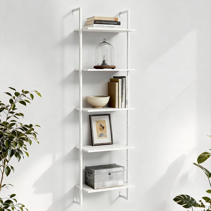 5 Tier Industrial Ladder Bookshelf 15.74" Dx9.44 Wx62.99 H, Wall Mounted Bookcase with Metal Frame for Home Office, Living Room, Study，White
