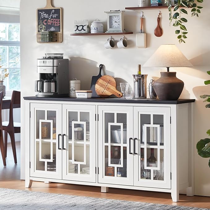 Large Sideboard Buffet Cabinet with Storage, 63" Farmhouse White Kitchen Coffee Wine Bar Cabinet with 4 Glass Doors, Wood Mid Century Modern Side Board Table for Dining Room, Living Room