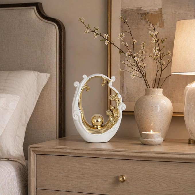 Abstract Ceramic Sculpture, White and Gold Modern Tabletop Statue Wave-Inspired, for Home Decor, Decorative Accent for Shelf, Mantel, Coffee Table, Console or Entryway