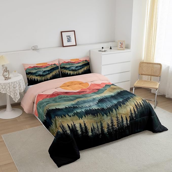 Erosebridal Sunset Mountain Forest Bedding Set Queen Nature Woodland Landscape Comforter Set for Kids Boys Aesthetic Pine Tree Scenery Down Comforter Boho Retro Foggy Plants Bed Set Bedroom Decor