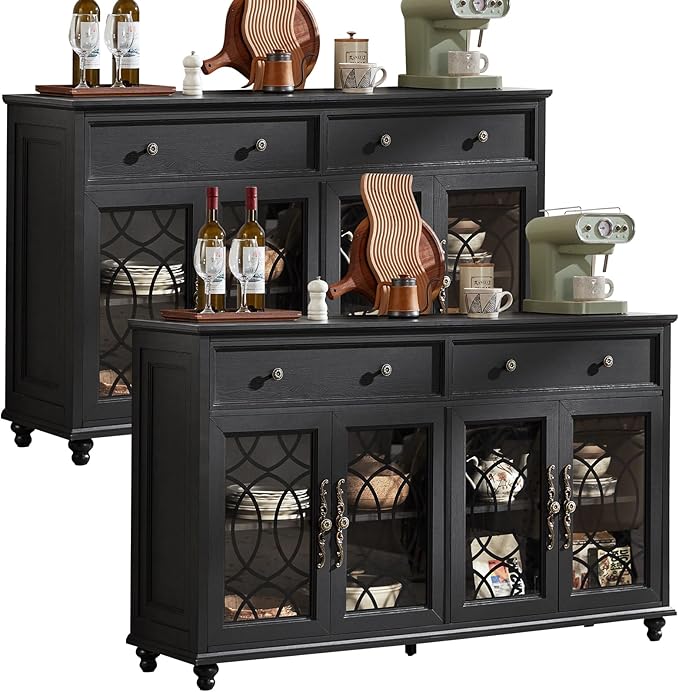 Farmhouse Sideboard Buffet Cabinet Set of 2 with Storage,59" Large Credenza with 4 Glass Door & 2 Drawers,Adjustable Shelves Console Table,Wood Kitchen Coffee Bar for Dining Room,Black