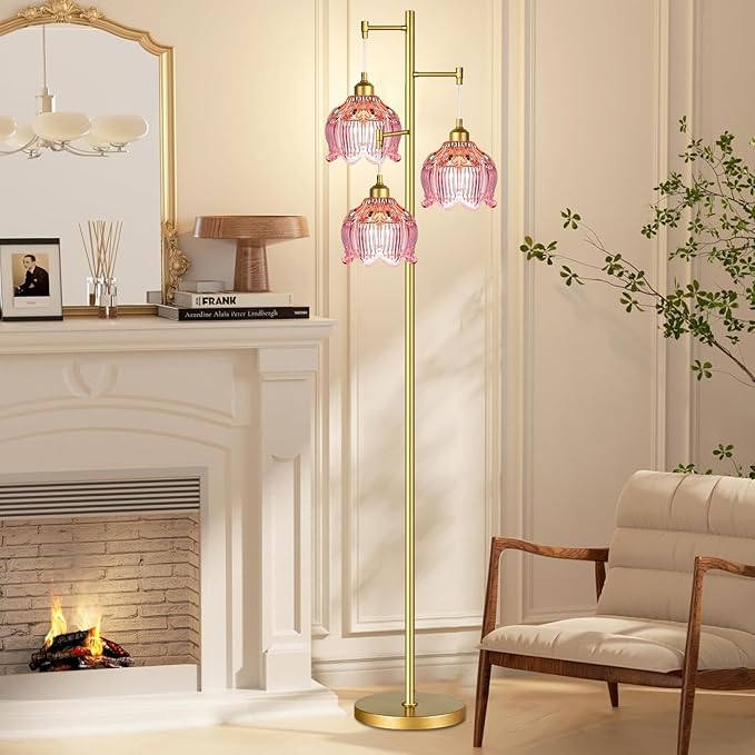 Pink Floor Lamp for Living Room,Bedroom,Gold Mid Century Modern Standing Lamp Brass Tree 3 Light Tall Floor Lamps Retro Floor Lights Glass Flower Lamp Shade Girls Kids Boho Bohemian