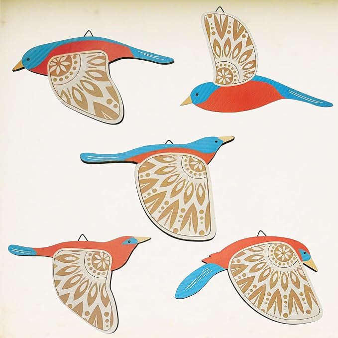 EMINGSKY 5 Pcs Wooden Bird Wall Art Wood Flying Birds Wall Decor Boho Rustic Folk Art Home Decor for Gift Living Room Bedroom Kitchen Office (Teal)