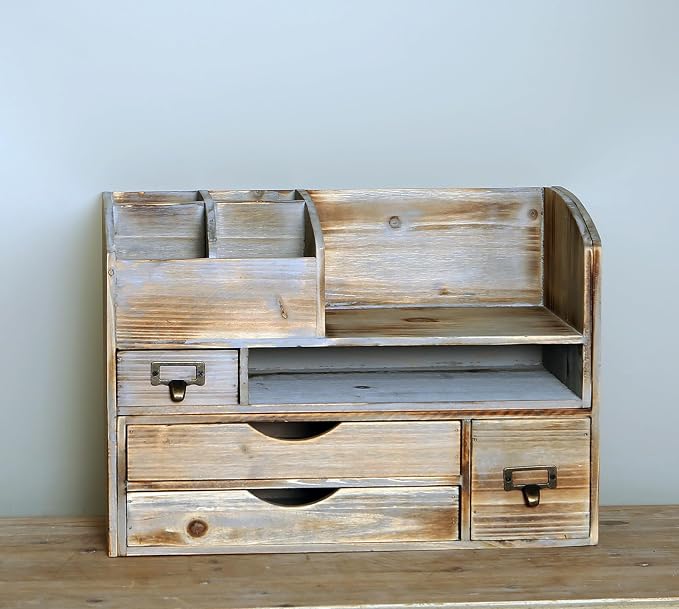 Large Adjustable Wooden Office Desk Organizer For Desktop, Tabletop, or Counter – Wood Storage Shelf Rack – For Office Supplies, Desk Accessories, or Mail - Barnwood (Vintage, Large)