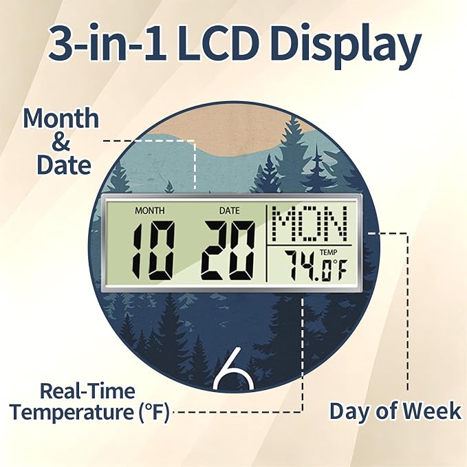 Wilderness Sunset Wall Clock, 12 Inch Silent Non-Ticking Battery Operated Analog Clock with LCD Date Day Temp Display, Decorative for Living Room, Bedroom, Kitchen, Office, Farmhouse, Cabin