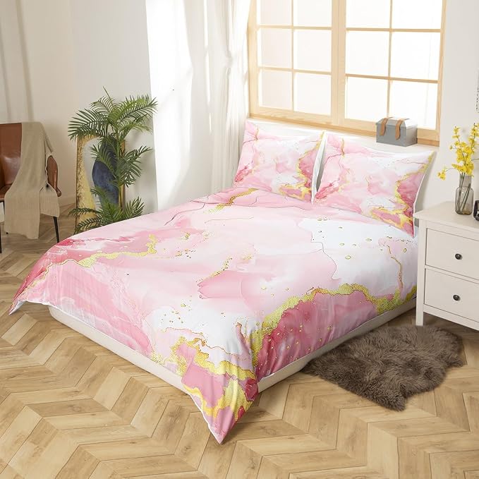 Erosebridal Girls Pink Marble Bedding Sets Twin Pastel Watercolor Comforter Cover, Abstract Artwork Bed Set Girly Aesthetic Duvet Cover, Geometric Marbling Mountain Fluid Quilt Cover (Zipper Closure)