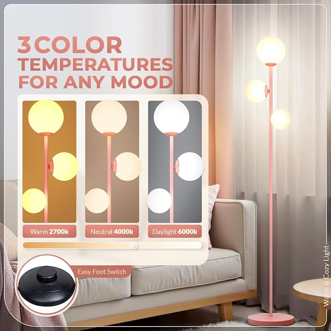 3 Globe Floor Lamp - Mid Century Modern Standing Light with 3 Color Temperatures, LED Bulbs, Frosted Glass Shades for Living Room (Pink)