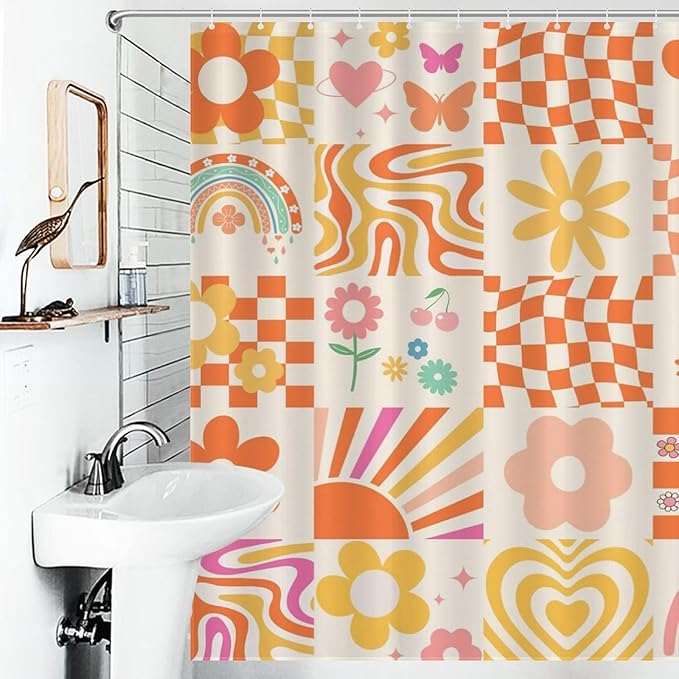 70s Shower Curtain, Vintage Retro Orange Daisy Floral Hippie Groovy Cute Rainbow Swirl Checkered Aesthetic Boho Funky Trippy Waterproof Fabric Bath Shower Curtain Set with Hooks, 72"x78" Inch