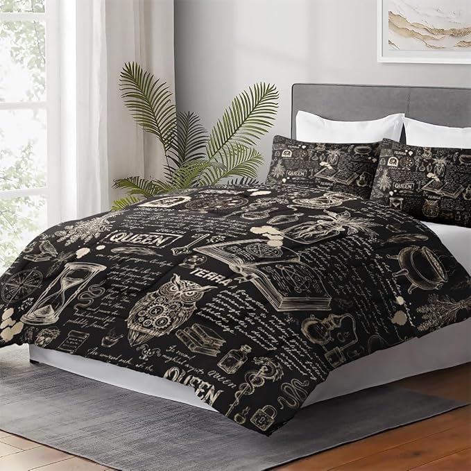 WeCozy Queen Size Comforter Set with 2 Pillowcases, Gothic Goth Bat Chemistry Science Dark Academia Medieval 3 Pcs Bedding for Adults Bedroom Bed Decor