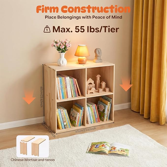 4-Cube Pine Wood Storage Organizer, Solid Wooden Bookshelf with Back Panel, 11in Shelf Opening Bookcase, Freestanding for Living Room, Bedroom, Office (23.6 x 11.8 x 23.6in)