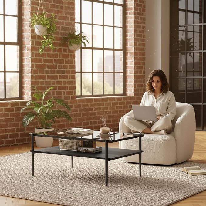 Mid Century Modern 2-Tier Coffee Table with Gray Tempered Glass Top & Wood Storage Shelf – Space-Saving Center Table for Living Room, Apartment & Small Spaces (Black)