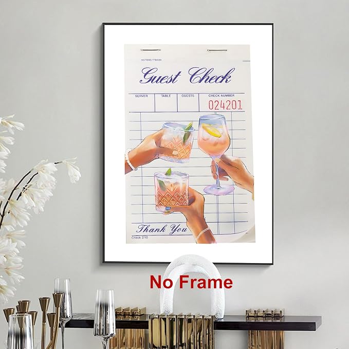 Funky Retro Wall Art Guest Check Poster Blue Minimalist Wall Prints Cheers Canvas Wall Art Bar Cart Pictures Preppy Modern Paintings Vintage Alcohol Posters for Living Room Bedroom 16x24in Frameless