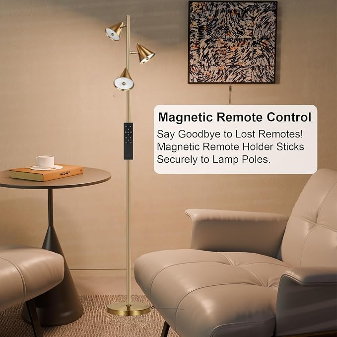 Floor Lamp with 3 Rotatable LED Lights，Magnetic Remote，and 5 Color Temperatures