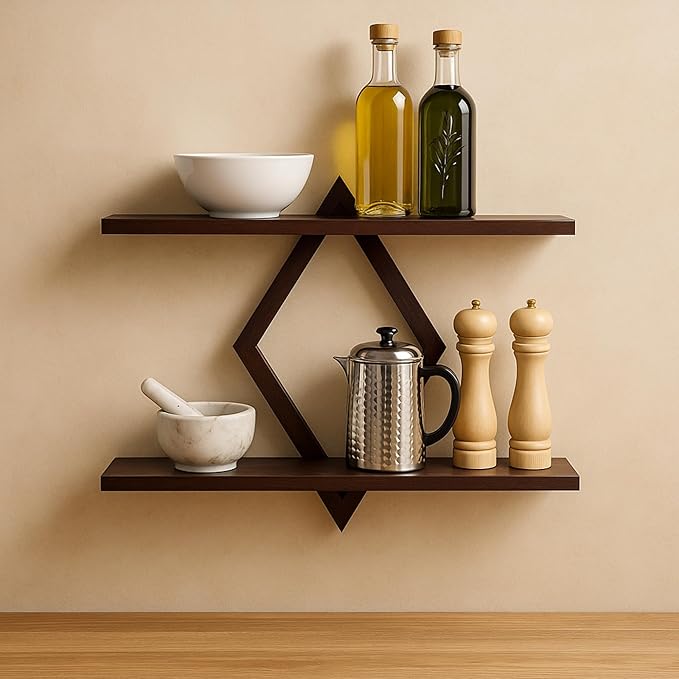 Floating Shelves for Wall,Decorative Wall Shelf,2 Tier Hanging Shelf for Plants Storage Display Holder,Indoor Decor for Living Room Home Office Bathroom Bedroom,Solid Wood,Diamond Shaped,2 Pack,Walnut