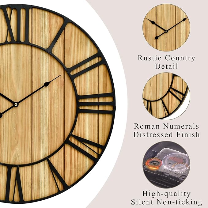 Large Farmhouse Wall Clock 24 Inch Vintage Brown Wooden Wall Clock with Quiet Ticking and Minimalist Roman Numerals for Bedroom Living Room Office Kitchen Home Decor, Battery Operated