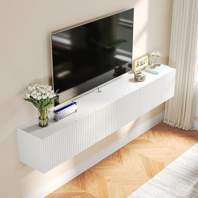 Slatted Floating TV Stand with 3 Doors,63IN Wall Mounted TV Cabinet,Floating Media Console Entertainment Center with Storage,Under TV Shelf for Bedroom Living Room,White