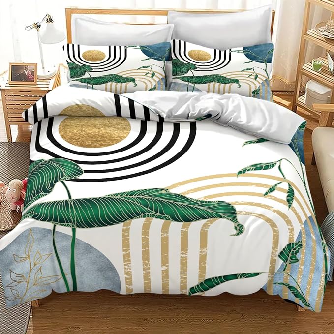Mid Century Leaves Bedding Set,Modern Abstract Tropical Monstera Palm Leaf Plant Minimalist Spring Summer Bohemian Geometric Comforter Set with Pillowcase for Bedroom Bed Decor,Queen 90"x90"