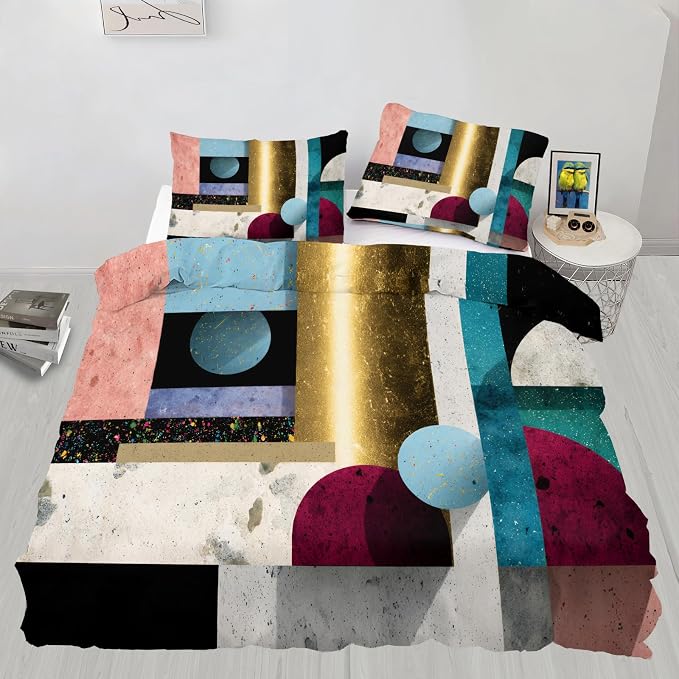 Multicolor Geometric Duvet Cover King Size, Mid Century Modern Bedding Set 3 Piece, Abstract Colorful Geometric Patterned Comforter Cover with Zipper Soft Microfiber, 2 Pillowcases