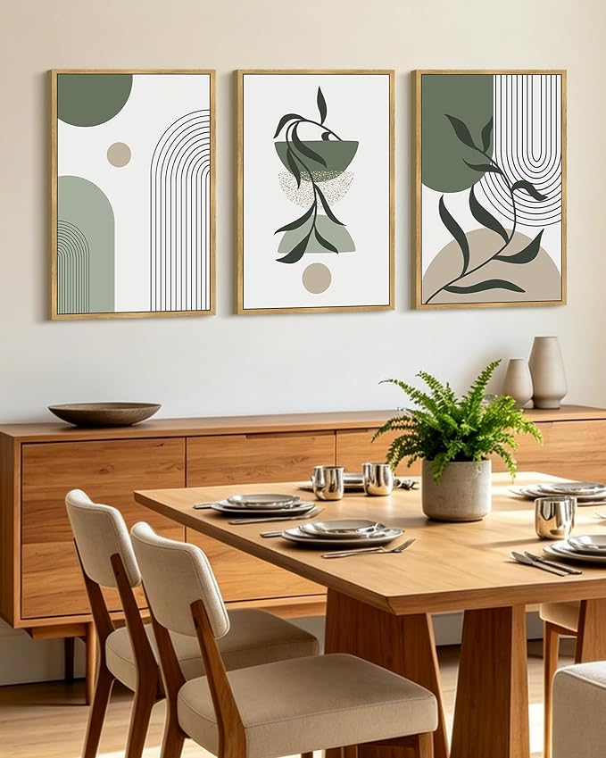 KUVIOKE Boho Wall Art Framed Botanical Modern Plants Wall Printing Green Neutral Abstract Geometric Prints Bohemain Sage Decor for Farmhouse Living Dining Room 16x24in (Natural Framed)