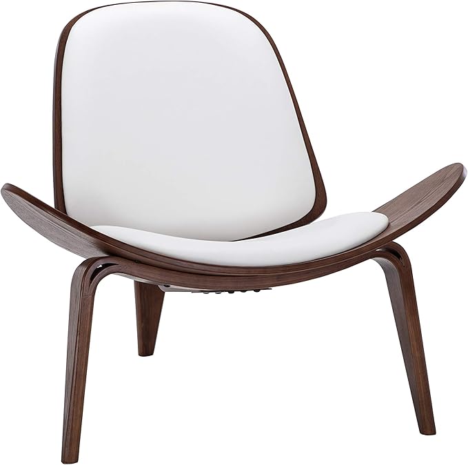Belleze Mid-Century Modern Shell Side Accent Tripod Plywood Lounge Chair Walnut Upholstered Faux Leather, White