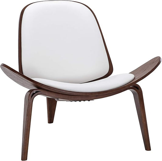 Belleze Mid-Century Modern Shell Side Accent Tripod Plywood Lounge Chair Walnut Upholstered Faux Leather, White