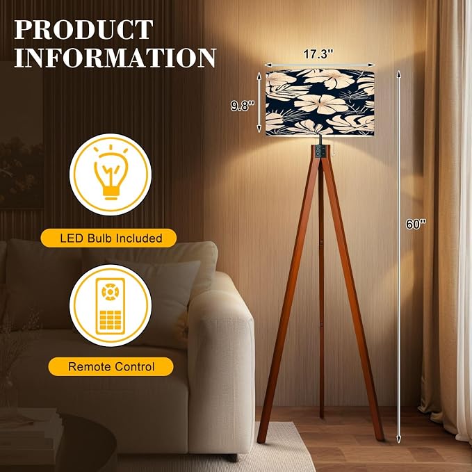 Wood Tripod Floor Lamp Hibiscus flowers tropical palm monstera leaves Hawaiian style floral Mid Century Standing Lamp Linen Shade Dimmable Modern Tall lamp Home Decor for Living Room Bedroom Office