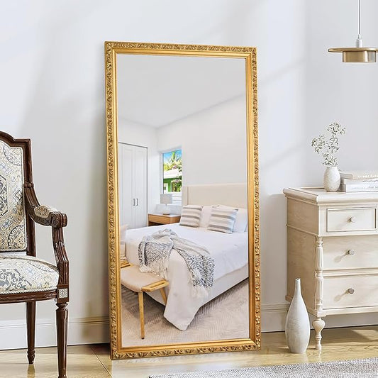 Large Decorative Mirror for Wall Decor, 59''x 29'' Gold Antiuqe Living Room Mirrors with Ornate Carvings Wood Frame, Big Vanity Mirror for Bathroom, Horizontal/Vertical