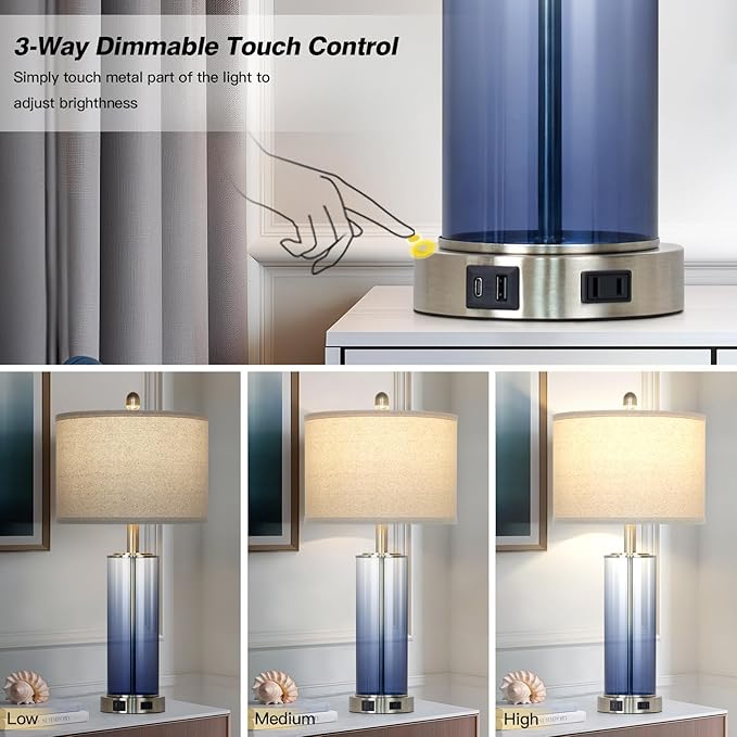 Ruzectt 26" Glass Table Lamp Single, 3-Way Dimmable Touch Control Living Room Lamp with USB C+A Ports & AC Outlet, Coastal Bedside Lamps, Bedroom Lamps for Nightstand Side End Table Desk, Blue-1PK