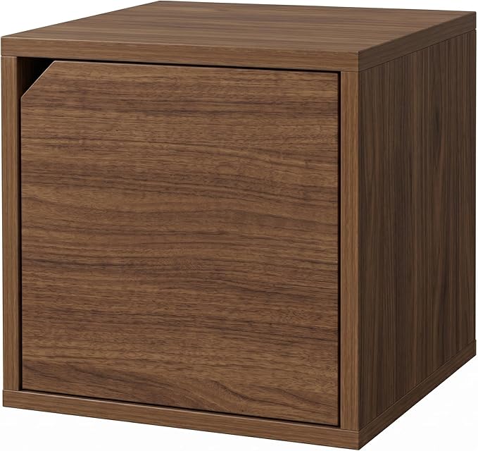 Modular Storage Cube with Door, 11.8" x 11.8" [30 x 30 x 30cm] Multipurpose Wooden Bookshelf and Closet Organizer, Stackable Shelving Unit with Optional Removable Interior Shelf (3, Walnut)