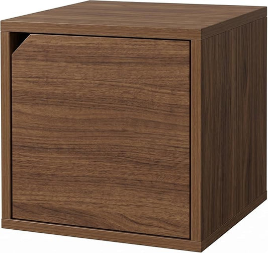 Modular Storage Cube with Door, 11.8" x 11.8" [30 x 30 x 30cm] Multipurpose Wooden Bookshelf and Closet Organizer, Stackable Shelving Unit with Optional Removable Interior Shelf (1, Walnut)