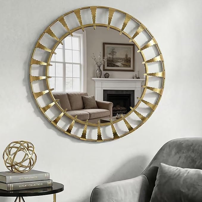 Gold Sunburst Round Wall Mirror 32", Decorative Circle Metal Frame Mirror,Large Decorative Circular Wall Mirror for Entryway or Bedroom