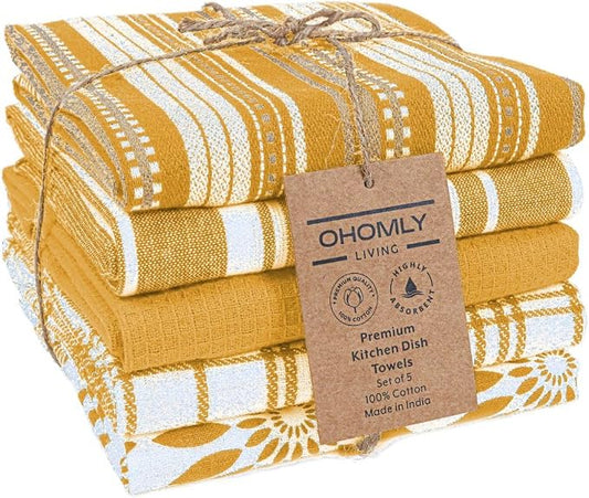 Assorted Kitchen Towels Set of 5-100% Cotton Dish Cloths Towels with Hanging Loop - Soft, Absorbent & Washable for Kitchen Use - Quick Drying Dish Towels 16x26 Inch Mustard Yellow
