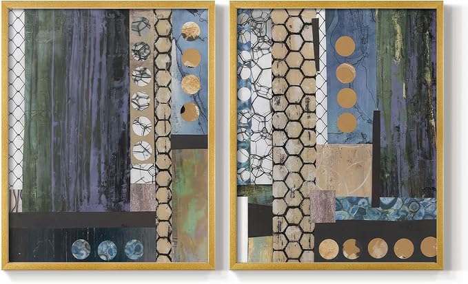 Renditions Gallery Set of 2 Peel & Stick Framed Prints, Geometric Abstract Wall Art, Hexagonal and Circular Pattern Wall Decor, Re-Stickable - Ready to Hang - 8"x10" - GOLD Frame LT588