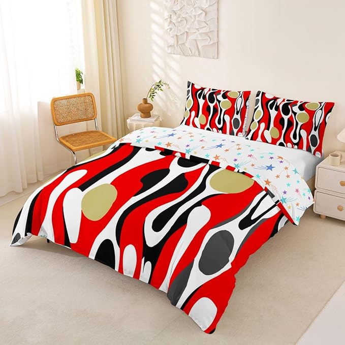 Erosebridal Mid Century Modern Abstract Duvet Cover Set Vintage Geometric Girl Toddler Bedding Set for Children Boys Contemporary Organic Shapes Comforter Cover Squiggle Blob Bed Sets,Red Beige