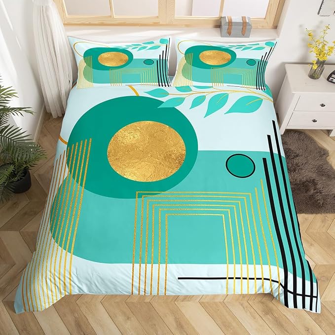 Erosebridal Boho Mid Century Twin Comforter Cover Turquoise Neutral Modern Duvet Cover Geometric Abstract Bed Set Minimalist Aesthetic Bedding Set