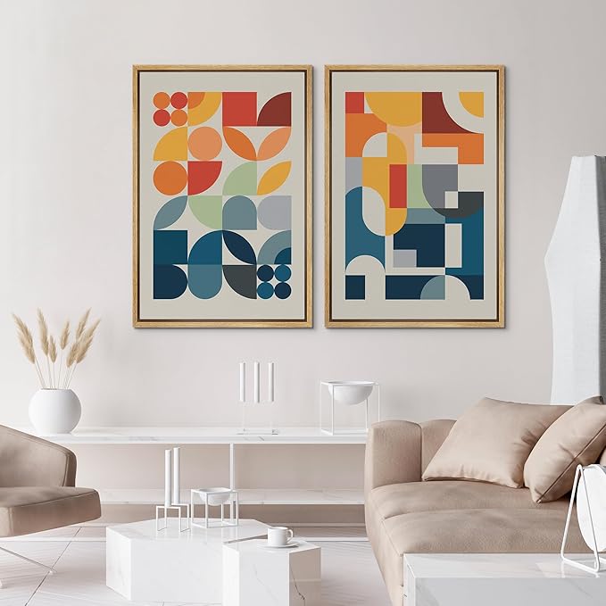 IDEA4WALL Framed Canvas Print Wall Art Set Mid-Century Modern Red & Blue Geometric Color Blocks Abstract Shapes Illustrations Modern Art Decorative Multicolor for Bedroom - 16"x24"x2 Natural