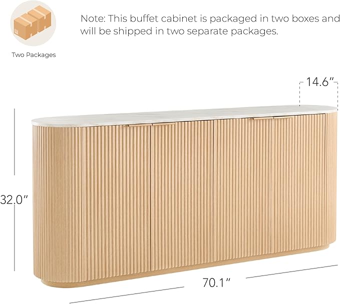 CHITA 70" Sideboard Buffet Cabinet with Storage, Fluted Cabinet with Doors and Adjustable Shelves, Natural Oak - Faux Marble