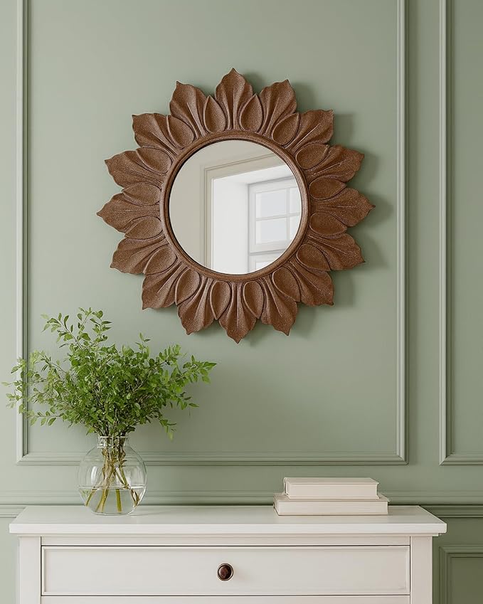 Sunflower Sunburst Wall Mirror, 26" Distressed Brown Wooden Frame, Handcrafted Petal Floral Design, Vintage Farmhouse Style Mirror for Wall Decor for Living Room, Bedroom, Bathroom, Vanity