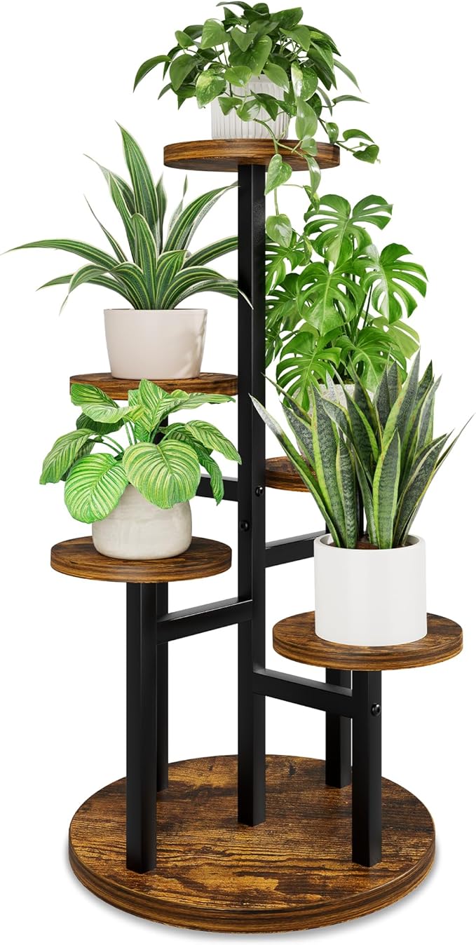 5 Tiers Wood Plant Tables Indoor Plant Stand Tall Metal Wood Plant Shelf Outdoor Indoor Plant Table Rack Tiered Plant Stand Garden Accessories for Living Room Balcony Patio - BlackRound