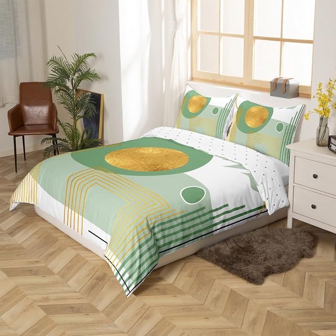 Erosebridal Green Abstract Boho Duvet Cover Full Size Mid Century Modern Comforter Cover Minimalist Aesthetic Neutral Bedding Set Botanical Leaves Simple Bed Set