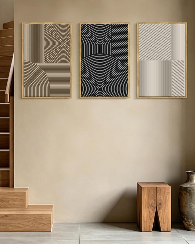 KUVIOKE Minimalist Abstract Boho Framed Wall Art Modern Mid-Century Bohemain Neutral Line Wall Decor Geometric Artwork Bedroom Decor 16x24in (Natural Framed)
