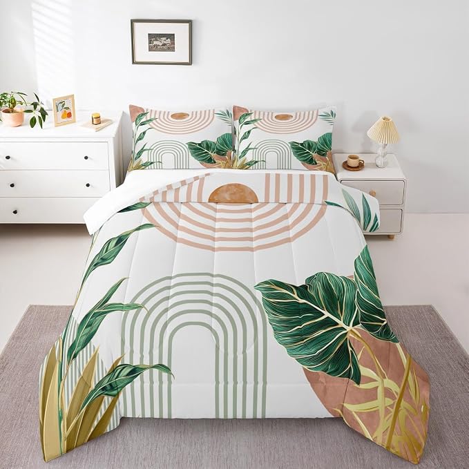 Erosebridal Pink and Green Boho Comforter Set King Aesthetic Mid Century Bedding Set for Kids Boys Girls Simple Line Botanical Leaf Art Comforter Modern Minimalist Tropical Quilt Duvet