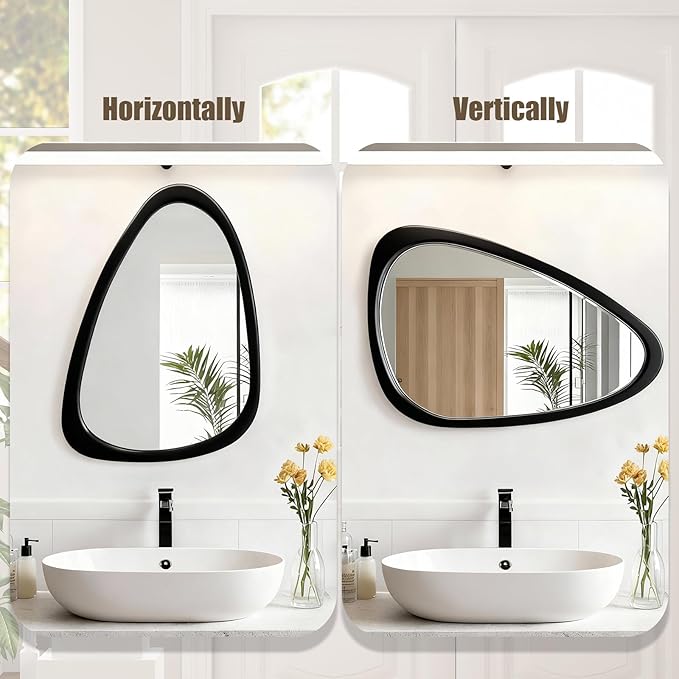 Asymmetrical Mirror, 30"x20" Unique Irregular Wall Mirror, Wood Mid Century Modern Mirror Decor for Bathroom Bedroom Living Room Entryway Hallway (Black)
