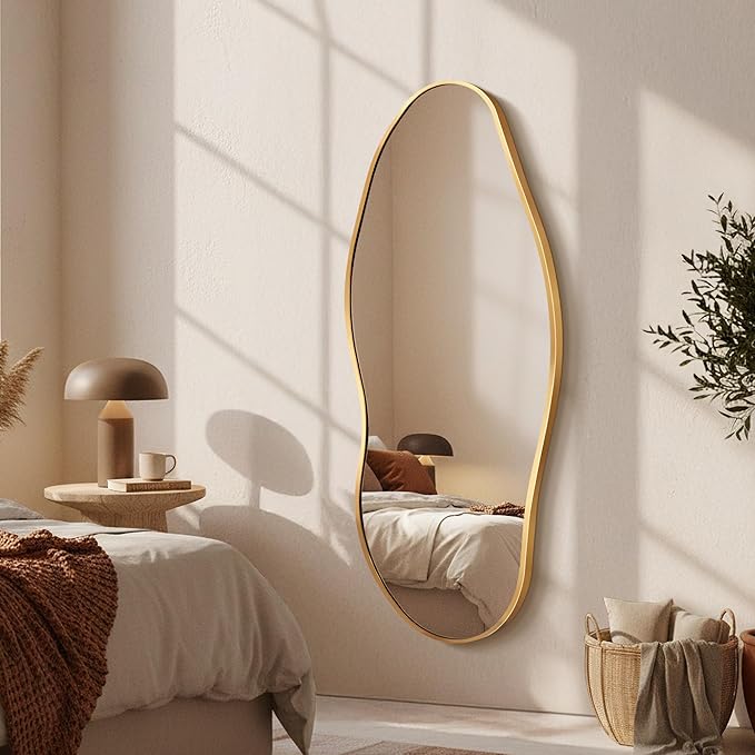 Mirror Full Length - Irregular Full Body Wall Mirror Hanging 55"x 23" Asymmetrical Aviation Aluminum Alloy Frame Unique for Bedroom, Living Room, Cloakroom, Entryway
