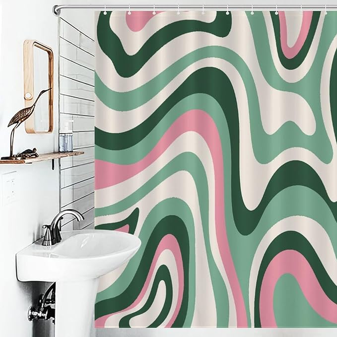 70s Swirl Shower Curtain for Bathroom, Retro Hippie Groovy Green Abstract Wave Funky Trippy Vintage Boho Aesthetic Waterproof Fabric Shower Curtain Set with Hooks, 72"x72"