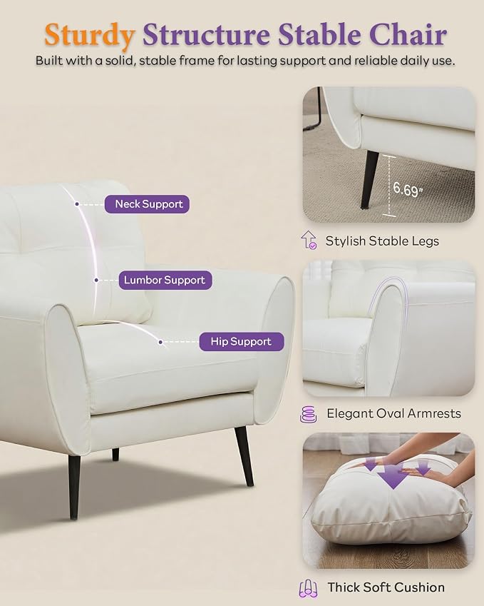 TYBOATLE Accent Chair Comfy Modern Living Room Chair White Leather Reading Accent Chairs Tufted Mid Century Moden Arm Chair Small Salon Chair for Office Bedroom (1, White)
